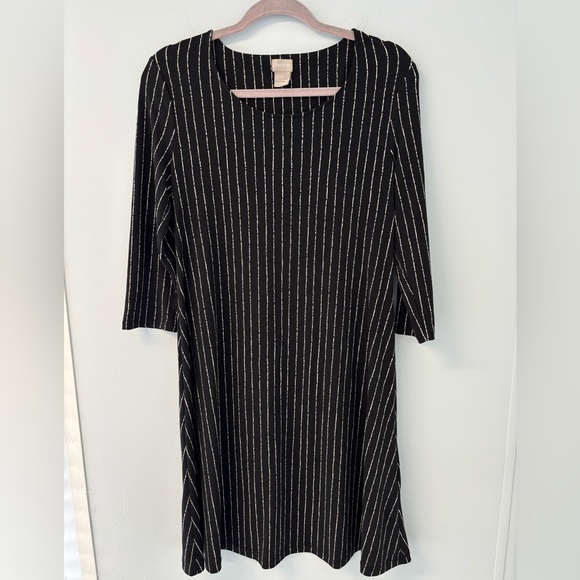Chico's Black and White Striped 3/4 Sleeve Shift Dress Stretch Classic Career 00 - Picture 1 of 9